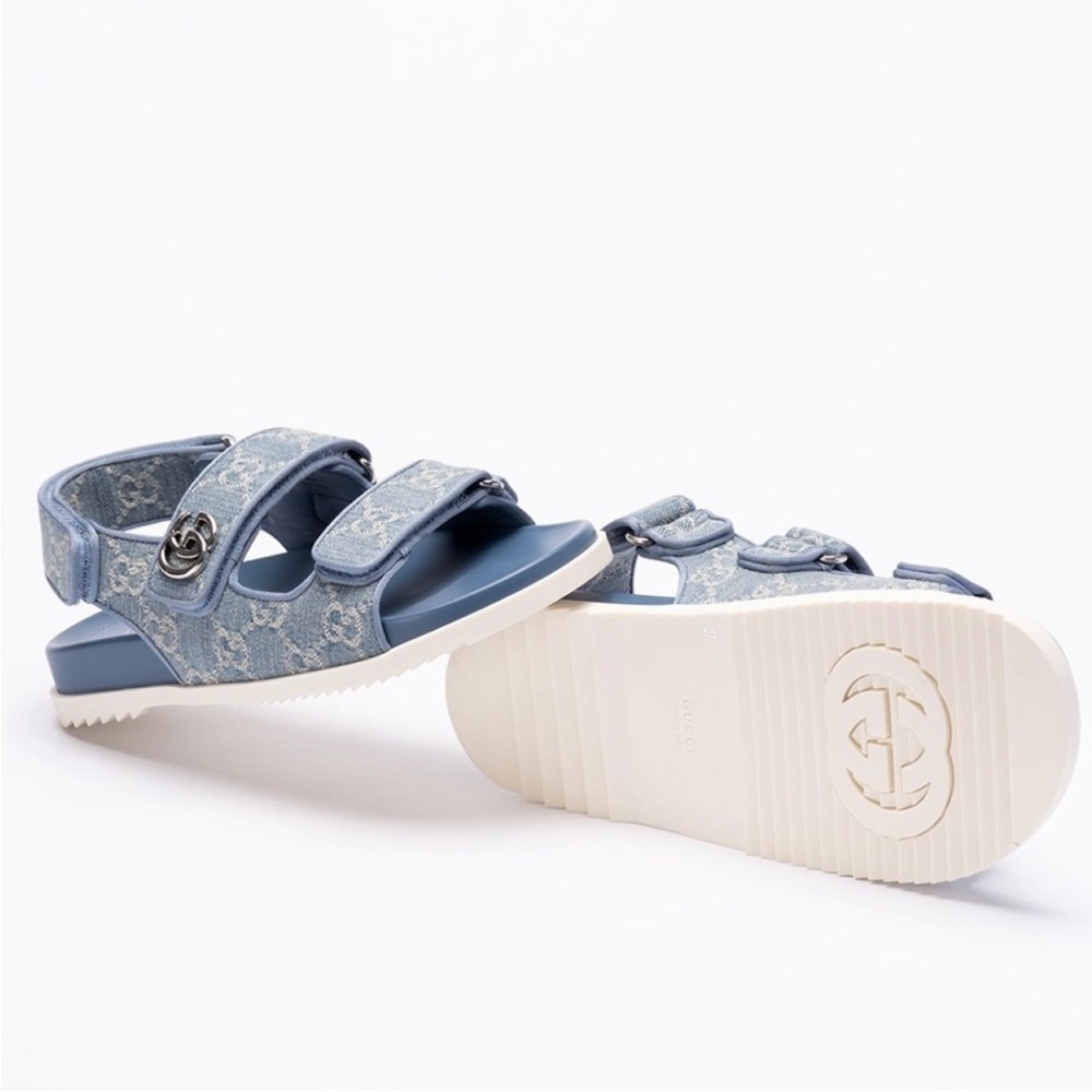 GUCCI GG logo double straps denim sandals - Picture 3 of 7